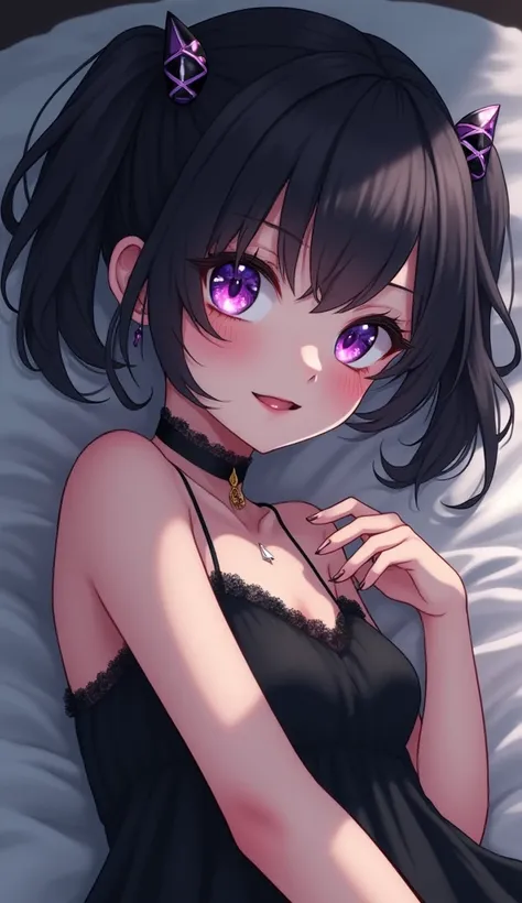 masterpiece,(best quality,top quality,8k),painting,(anime_style),detailed eyes and face,(1girl), purple eyes, black hair, (short twintails:1.2), hair between eyes, goth, gothic,(tatto:1.2), (black dress),(soft smile), pretty girl, beauty skin, ultra high r...