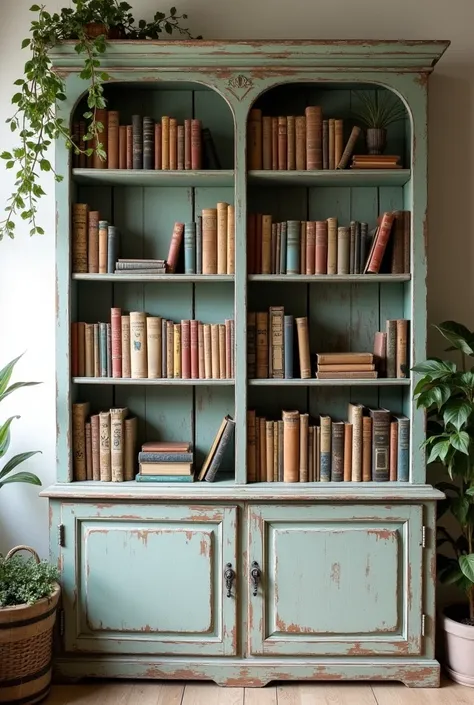 Front on view of shabby chic distressed continous bookshelves with various size different colured books 6 shelves occasional plant and objects