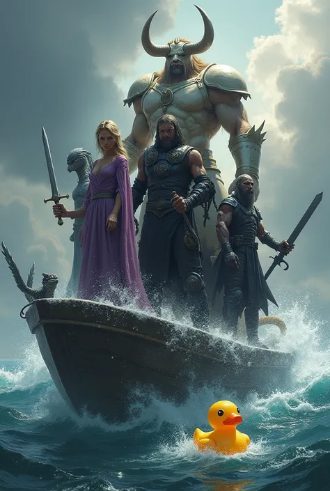 5 figures stand on a boat in the seas of chaos;
A large minotaur with glowing white plate armor and a sword made of shadows, A woman with black hair wearing a white blindfold and purple robes, A black lizard man in a blue tunic and wielding two daggers, A ...