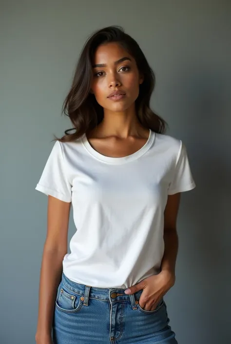 beautiful cuban woman,  standing straight facing forward,with white t-shirt, denim jeans pants, on a greyish background, cotton t-shirt texture, fitted t-shirt, round neck, striped tights. Medium camera shot.