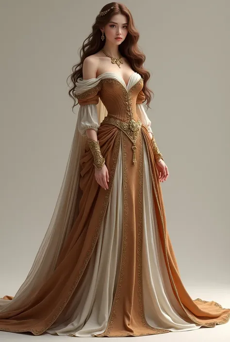 Create a full body image of a female character, with white skin, with long brown wavy hair, in an extremely elegant royal dress of light brown and brown color, with a small scar on the corner of his mouth