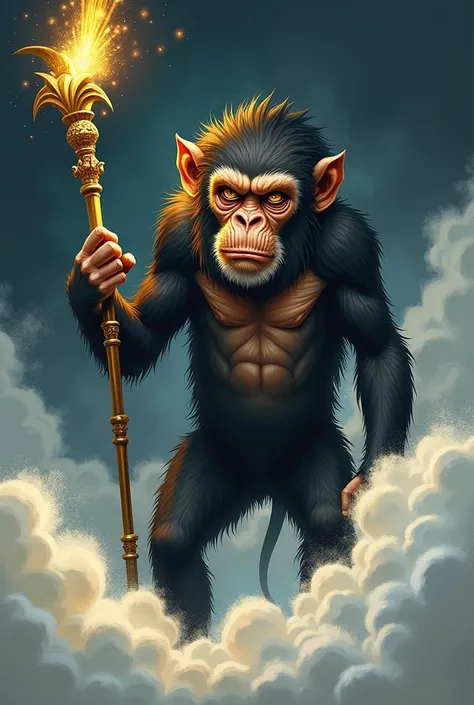 A monkey, holding a golden stick, standing on clouds, hand-drawing style, (dark style), (brave)