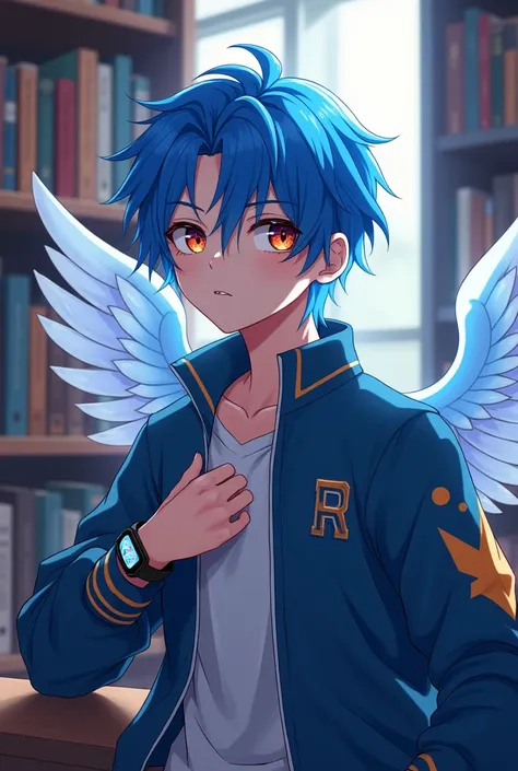 Make make a anime boy student and headphone at a book add wings at a jacket at a smartwatch  blue hair fireflow eyes