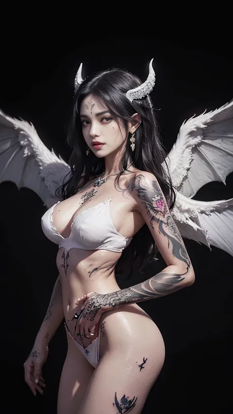 (Realistic picture, highest resolution, 16ก), (A demon with wide wings and immense power on her shoulders., Twelve wings on the shoulders., Bat Wingsสีดำ 3 อัน:1.5 , 3 white angel wings:1.5), Has 100 wings on the shoulders, There are 1000 wings that flow.,...