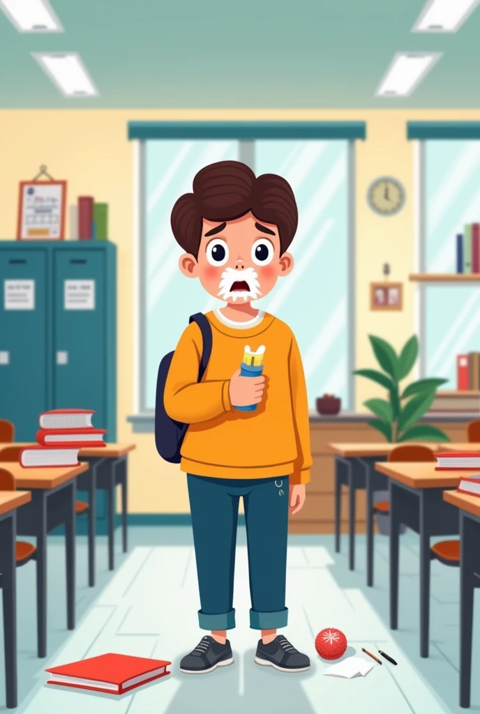 I am looking for an illustration of a student who is sick with the flu (cough and snot) a school environment Drawing style: Modern and vector, with smooth, clean lines, and vibrant colors. Cartoonish but realistic. Color: Using a palette of bright and cont...