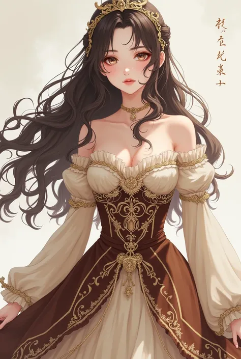 Create a full-body anime-style image of a female character, with white skin, with long brown wavy hair, in an extremely elegant royal dress of light brown and brown color, with a small scar on the corner of his mouth