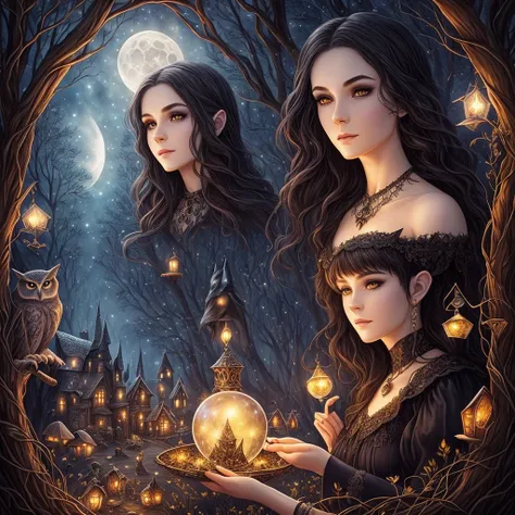 A beautiful witch with amber brown eyes, small slanted eyes, a small mouth, pale skin, a pixie cut shaved black hair, an eyebrow piercing, an ear piercing, gazing into a luminous crystal ball, in a nighttime forest, with an owl nearby, mushrooms scattered ...