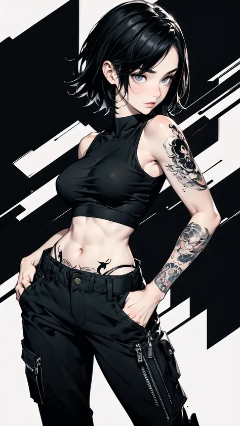 Angle from below, A woman with her hands in her pockets, Asymmetrical Short Hair, Black tank top and black cargo pants, Perfect body, Big Breasts, Full body tattoos, Attractive abs, abstract design, A mixed black and white background, Anime Style, Digital ...