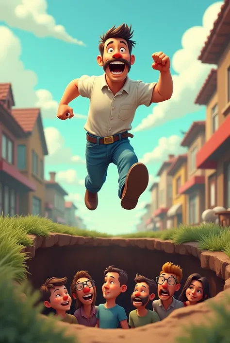 (best quality, masterpiece), (Man, cartoon head, , running, blue jeans, white shirt, mustache, don&#39;t have a beard, short hair, laughing),(karikatur Man berlari, melompati lubang besar yag berisi 5 orang Man, people in the hole looking up), (in the midd...