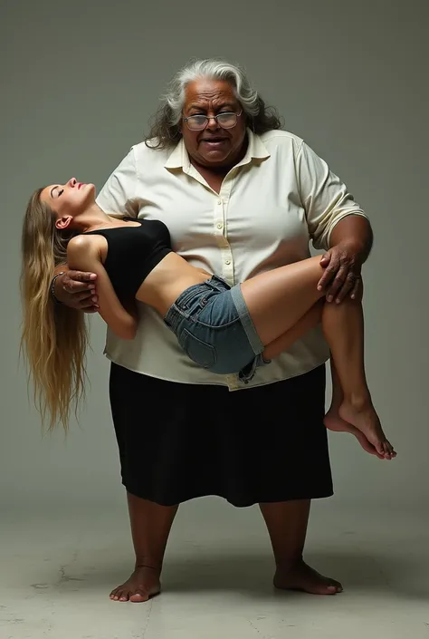 Create a realistic image of an elderly woman, 90 years old, obese, with black and dark skin, wearing a white shirt and black skirt and glasses, lifting the body of a 2 woman from the ground by the waist and lifting it high into the air, with light white sk...