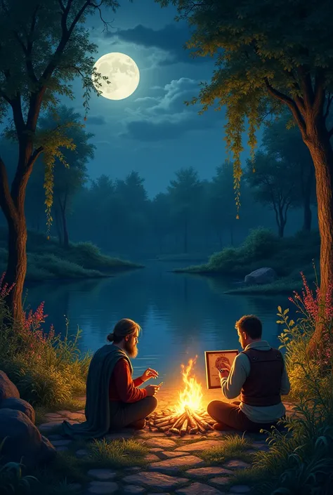 The full moon now illuminates the lake and the garden. 2 people are sitting around an improvised campfire, one is painting. medieval era