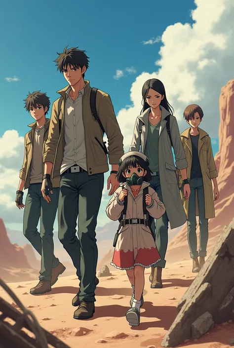 An anime team in a post-apocalyptic world: five men, THREE women and a baby girl wearing a gas mask. The group includes a charismatic leader, an engineer with old technology, a fighter in action, a doctor with improvised medical equipment, an adventurous e...