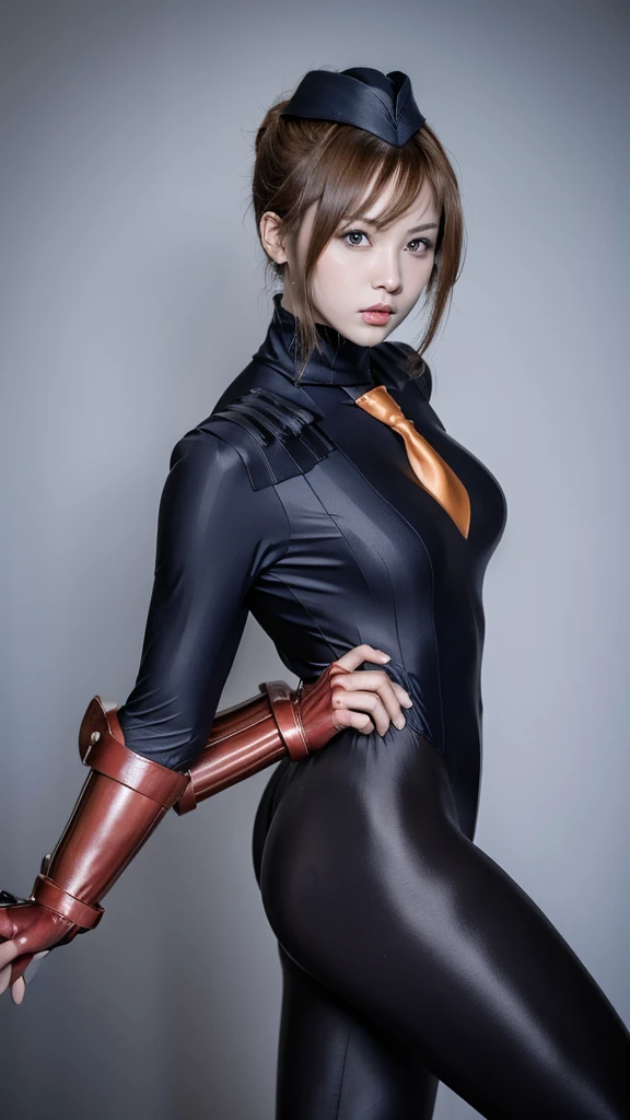 masterpiece, Highest quality,  8k,masterpiece, Highest quality, Very detailed,Iris, Brown Hair,sfJuni, orange hair, short hair, Blue eyes, hat, necktie, gloves, ribbed bodysuit, Large Breasts,  Emotionless, View your viewers,  ((Wide-angle lens)),（Japanese...