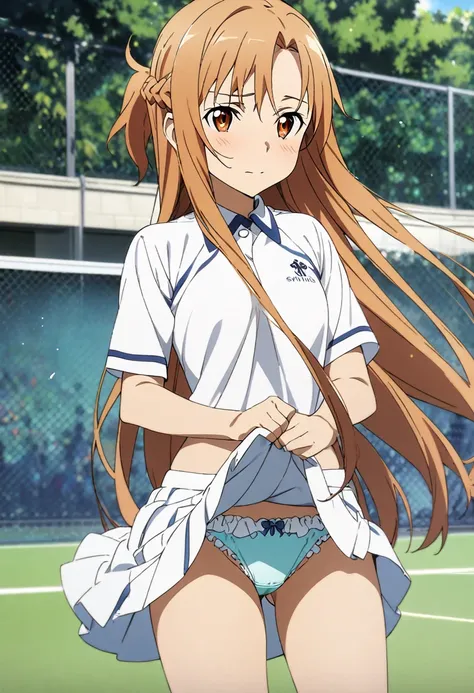 1girl, asuna (sao), sword art online, ,tennis uniform,skirt lift,frilled panties,school ground,masterpiece, best quality, absurdres,