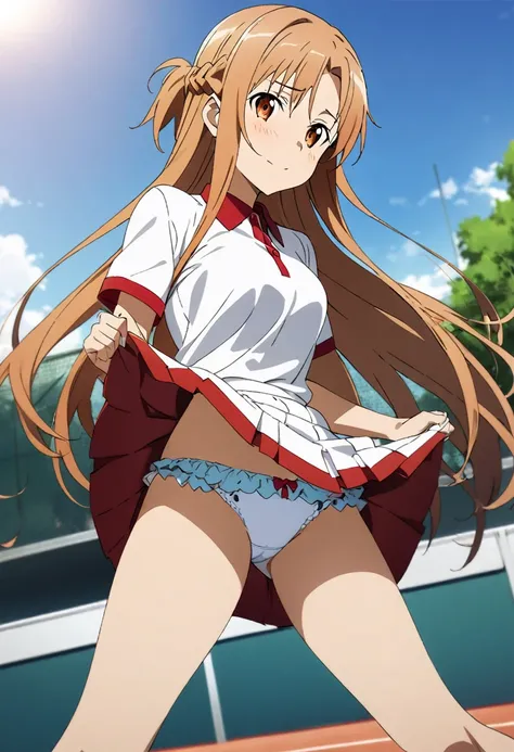 1girl, asuna (sao), sword art online, ,tennis uniform,skirt lift,frilled panties,school ground,masterpiece, best quality, absurdres,