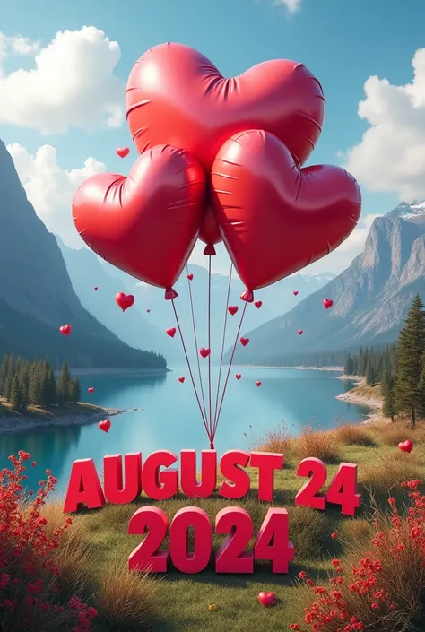 Hearts in the shape of balloons in a Bariloche landscape that says at the bottom August 24, 2024 with bright colors