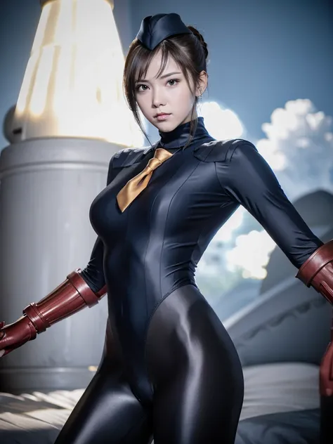 masterpiece, Highest quality,  8k,masterpiece, Highest quality, Very detailed,Iris, Brown Hair,sfJuli, blown hair, short hair, black eyes, hat, necktie, gloves, ribbed bodysuit, Large Breasts,  Emotionless, View your viewers,  ((Wide-angle lens)),（Japanese...