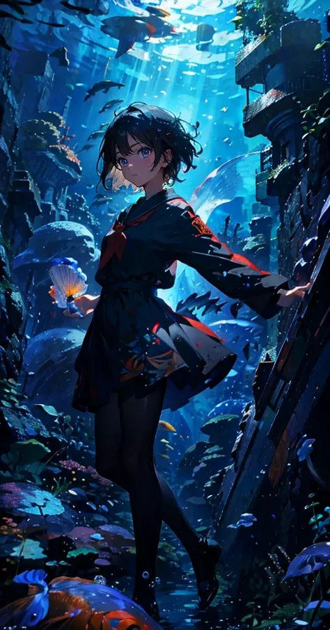 (The pieces fly), (Highest quality), Very detailed, (1 person:1.4), Solo full body shot, Perfect Face, beautiful girl, Very detailed顔，(Black short hair:1.5)，(blue eyes:1.4)，(float:1.4)，(Underwater:1.4)，(float:1.3)，seabed，Fish school，Light，jellyfish，Seaweed...