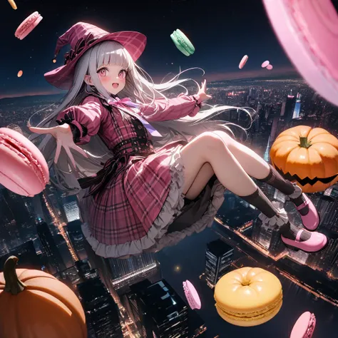 (8K, best quality, master piece: 1.2),ultra-high resolution,1 idol,solo,ultra-detailed face,detailed eyes,red eyes,mascara,blunt bangs,straight hair,Silver hair,long hair,zero gravity flight,flying,full body,tartan check Patterned Pink Halloween costume(Pi...