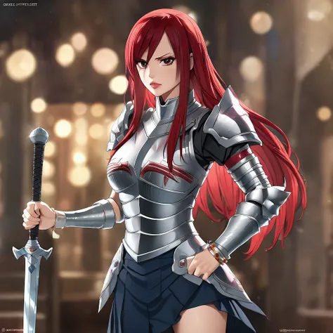 a woman wearing metal armor, wearing a black shirt, navy blue skirt, metal boots, holding a sword, red red hair, long hair, brow...