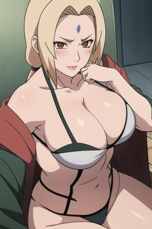 alone focus, alone, close, View your viewers,((pink In underwear)),long knee high boots,(Lips parted:1.2), ((tsunade)), 1 person,((tsunade milf physique)),(Forehead mark ), high twintails,blondes, eye, smile, from the front,Huge breasts,Thick thighs,((Shar...