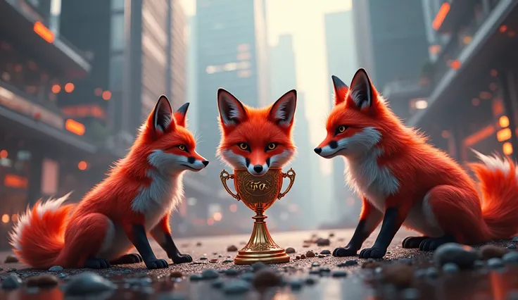 DOMINANT FOXES IN A FUTURISTIC URBAN PLACE, A CHAMPION CUP WITH THE NAME FOX