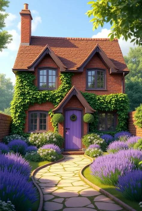 Front on view of english country cottage with a wavey stone path lined with lavender lavender door and 4 leaded pained windows with ivy growing up the brickwork. Lavender gate between the stone garden wall