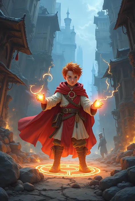 Fantasy Art, DND cover art, role playing art, dungeons and dragons Fantasy Art, Red-haired cleric wizard boy healing allies with magic circles in a destroyed village