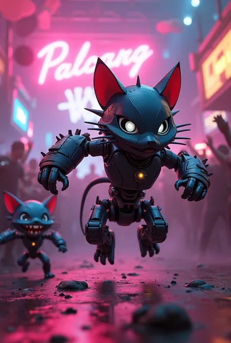 Rocker robot cat chasing big rocker robot mouse at a rock party