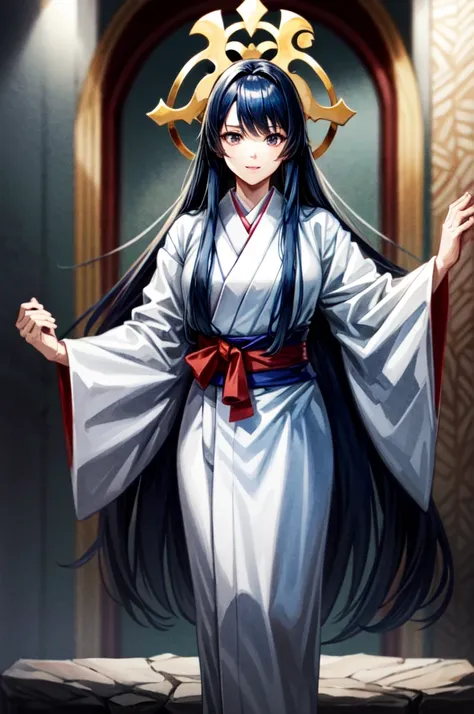 １People Women, Morbid appearance, Long Hair, Dark Blue Hair, Droopy eyes, White kimono, A kimono adorned with luxurious decorations, Tight waist, Put your chest close, full body, anime, cinematic lighting, cowboy shot, UHD, retina, masterpiece, accurate, a...