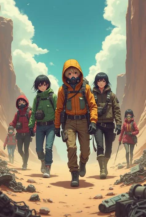 An anime team in a post-apocalyptic world: 5 men, 3 women and a baby girl in a gas mask. The background is a toxic desert landscape with junk and technology scattered around.