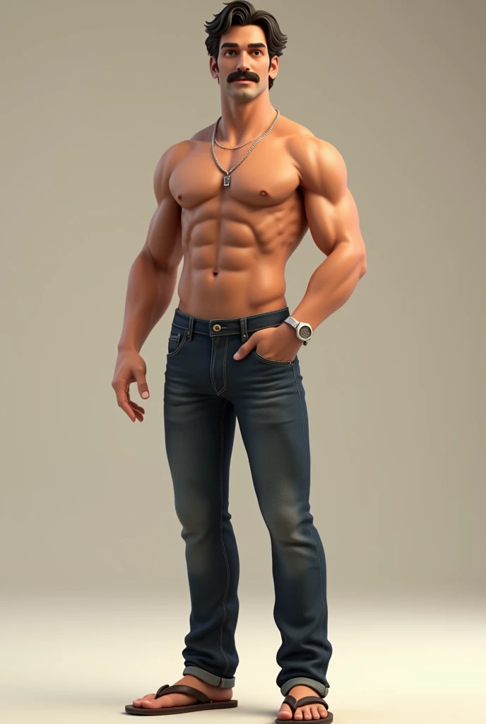 Man in flip-flops and dark jeans without a shirt with a little mustache in 3d