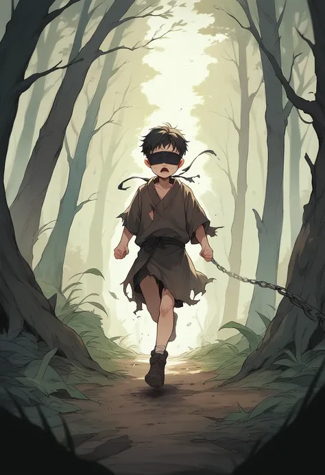 Child with blindfold on, with black hair, wearing a brown torn robe, with chains in their hands, running through a dark forest 