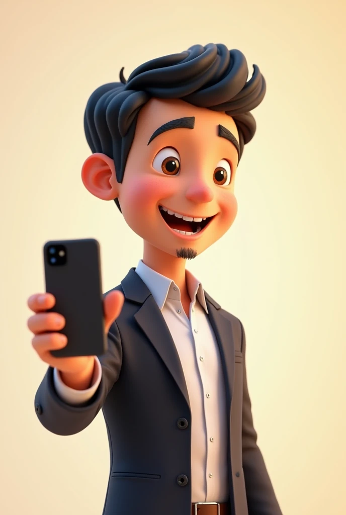 Animated style of a 40 year old person with short hair, Without beard, black holding a cell phone with his hand and arm stretched out to the side