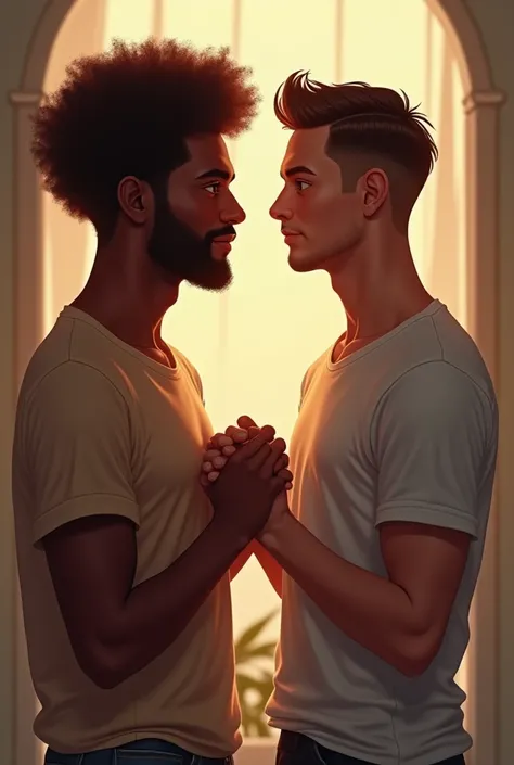 Two men holding hands looking at each other face to face, cheesy brunettes, one with afro hair and the other with straight hair
