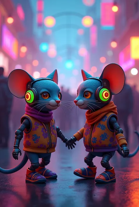 Hippie robot cat and hippie robot mouse with headphones at a rave party