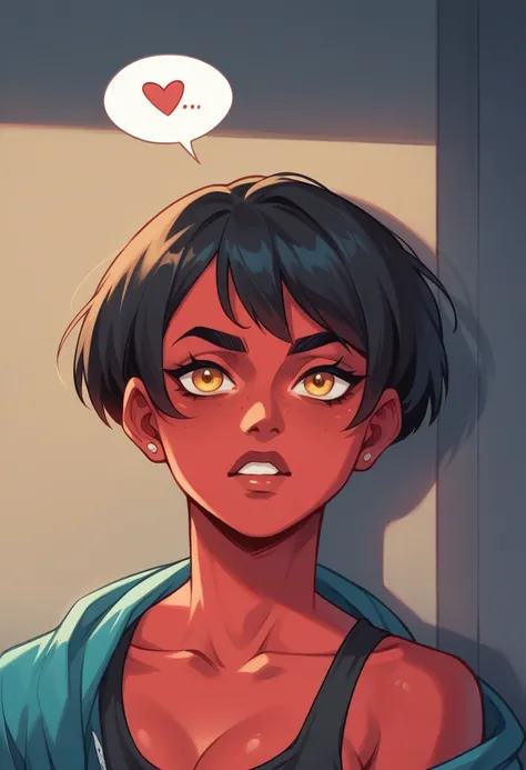 A teenage Rhood girl named Redna Clareta in a comic book style. She has short black hair in a bob cut, golden amber eyes, and a rebellious expression. She has a streetwear style, a vivid red skin tone, and is known for being outspoken. She is the youngest ...