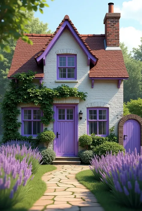 Front on view of english distressed country cottage with a wavey stone path lined with lavender lavender door and 4 leaded pained lavender windows with ivy growing up the distressed white brickworkbrickwork. Lavender gate between the stone garden wall