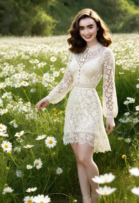 Lily Collins. svelte, lean curvaceous-figure. cute long sleeved. lace boho dress. dd-cup sized breasts. short and dainty. happy, smiling cheerful face. Frolicking in a magical meadow of daisies. 1950s panavision 70. Detailed clear. lifelike.
