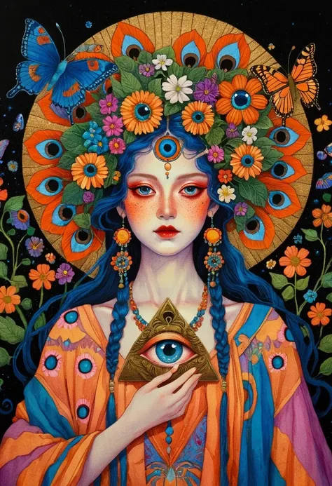 A woman wearing flowers，Paintings with butterflies flying around, Inspired by James Christensen&#39;s Ultra-Fine, Winner of the Behance competition, Psychedelic Art, highly detailed Fantasy Art, The Third Eye睛, Fantasy Art style, Fantasy Art, Psychedelic G...