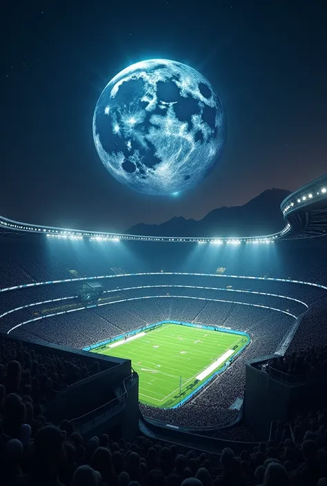 Poster of an American football stadium seen from above at night, with a football-shaped moon grid, In 4k.