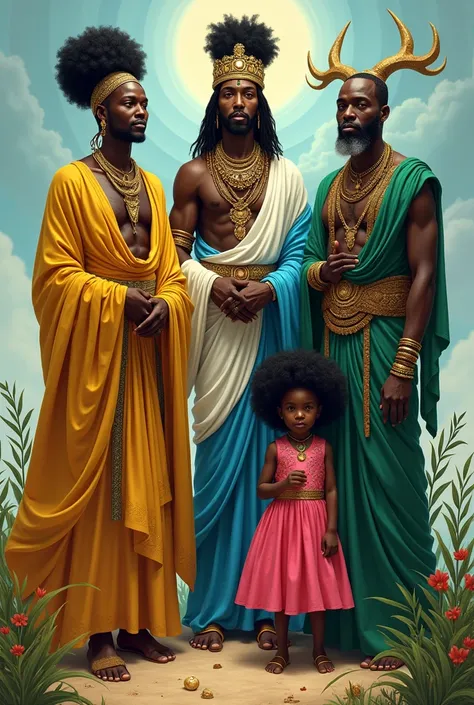  Orisha Oxum Yemanja , Oxossi Omolu and a small child next to them, about , black with afro hair and dressed in a pink dress

