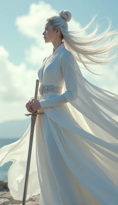 A beautiful female emperor, crystal clear skin, beautiful appearance, deep wisdom in her eyes, as if she has seen through everything in the world, dressed in a gorgeous white robe, holding a long sword, dancing robes in the breeze and silver hair flutterin...