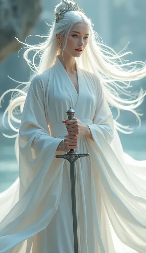 A beautiful female emperor, crystal clear skin, beautiful appearance, deep wisdom in her eyes, as if she has seen through everything in the world, dressed in a gorgeous white robe, holding a long sword, dancing robes in the breeze and silver hair flutterin...