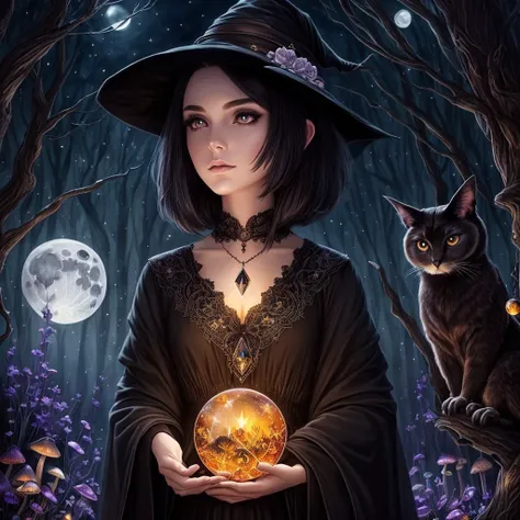 A beautiful witch with amber brown eyes, small slanted eyes, a small mouth, pale skin, a pixie cut shaved black hair, an eyebrow piercing, an ear piercing, gazing into a luminous crystal ball, in a nighttime forest, with an owl nearby, mushrooms scattered ...