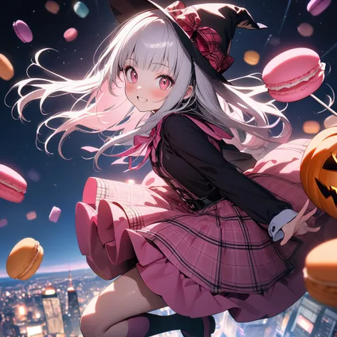 (8K, best quality, master piece: 1.2),ultra-high resolution,1 idol,solo,ultra-detailed face,detailed eyes,red eyes,mascara,blunt bangs,straight hair,Silver hair,long hair,zero gravity flight,flying,tartan check Patterned Pink Halloween costume(Pink:1.5),ta...