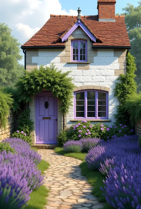 Front on view of english distressed country cottage with a wavey small stoned path lined with lavender lavender door and 4 leaded pained lavender windows with ivy growing up the distressed white brickworkbrickwork. Lavender gate between the stone garden wa...