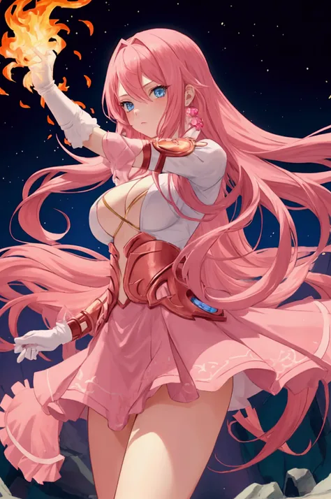 Girl with long pink hair and blue eyes. With fire powers .holding fire coming out of her outstretched hands. Wearing pink and red revealing combat clothing and pink combat gloves. In a sexy and powerful pose. Tits