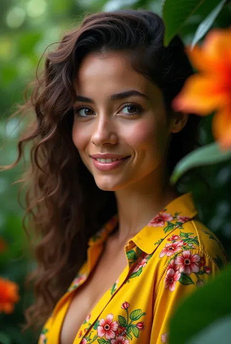 A Brazilian woman in a lush tropical garden, wearing an open shirt with a floral print, with a close-up capturing the harmonious beauty between her breasts and the natural flowers, showing off your natural charm and outgoing personality.