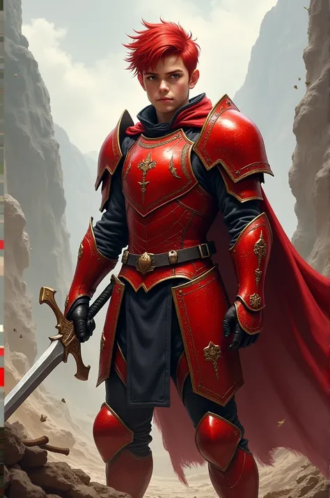 Create a 20 year old boy with red armor 